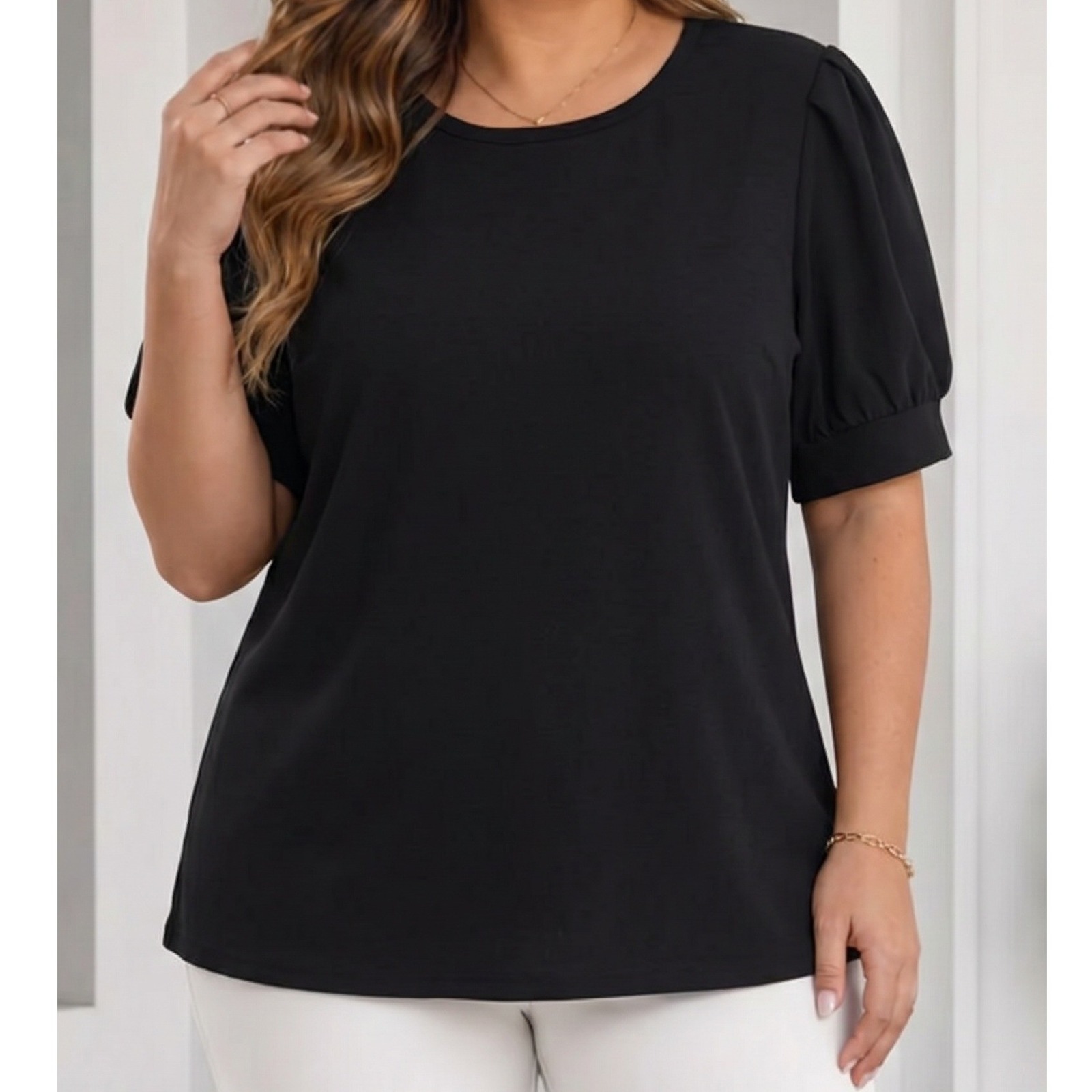 Worthington Black Short Puff Sleeve Crew Neck Blouse Top Plus Size 0x